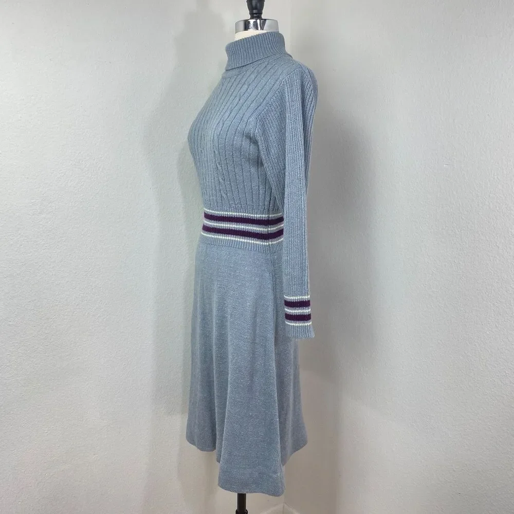 Vintage Gray Knit A-Line Knee Length Dress Med Turtleneck Long Sleeves Academia